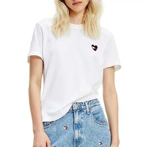 Tommy Hilfiger Essentially White Cotton Tee T-shirt Heart Flag, Crew neck Large